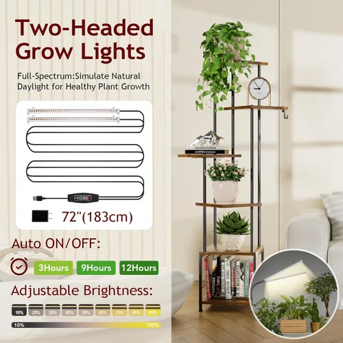 Miniatura 3 de Homsorout Soporte para plantas de interior con luz de crecimiento, soporte alto para plantas de 5 niveles para interiores, estante de metal