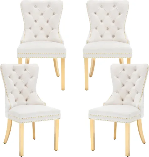 Miniatura 14 de Civama Juego de 2 sillas de comedor, elegantes sillas de comedor de terciopelo capitonado de lujo con patas doradas y adornos de clavos, tirador