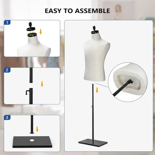Miniatura 5 de VINGLI Torso de maniquí masculino con soporte de madera/metal, forma de vestir masculina de altura ajustable para exhibición de ropa y costura