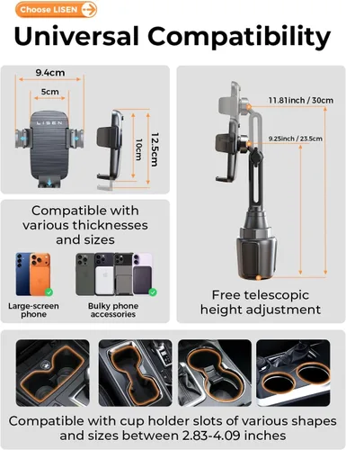 Miniatura 8 de LISEN Versión Mejorada Soporte para Taza y Teléfono Soporte para Teléfono con Cuello Largo Ajustable 360° Montaje para Teléfono en Coche y Carrito