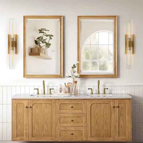 Miniatura 7 de YUYI Juego de dos apliques de pared de latón, 22.8'' apliques de baño dorados con pantalla de vidrio transparente, luces de pared de tocador
