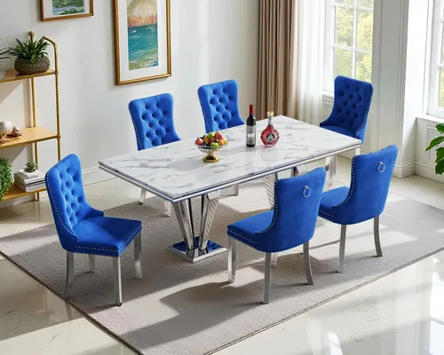 Miniatura 9 de Henf Juego de mesa de comedor de mármol sintético de 68 pulgadas para 6, juego de mesa de comedor de 7 piezas con 6 sillas copetudas de terciopelo