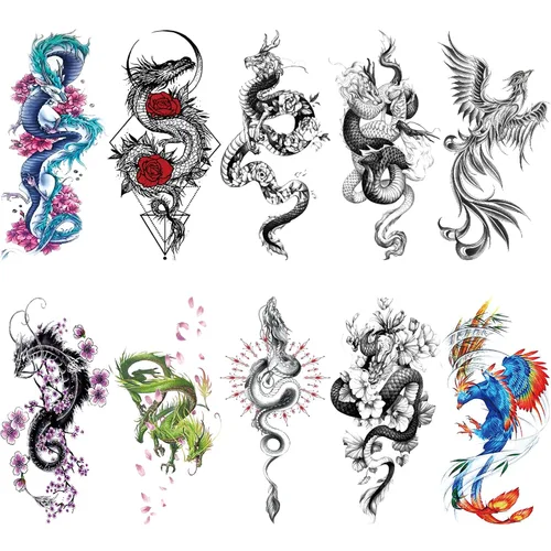 10 hojas de tatuaje de dragón floral realista para mujeres adultas, tatuaje temporal en el muslo para mujeres adultas, gran color 3D negro flor rosa