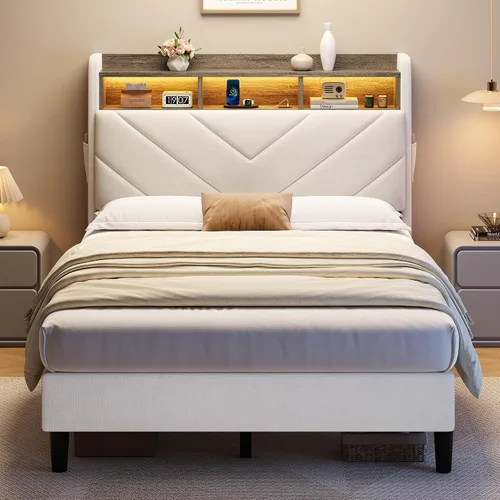 Miniatura 9 de Jocoevol Marco de cama de terciopelo tamaño twin con cabecera ergonómica, plataforma tapizada con luz LED y estación de carga, soporte de listones