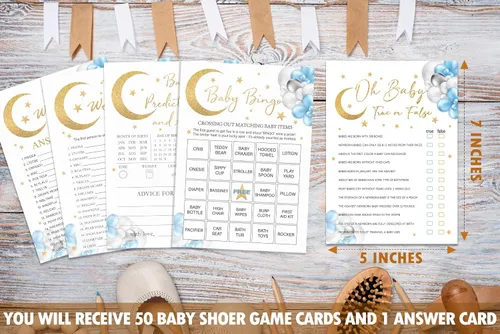 Miniatura 4 de Moon Stars - Juego de juegos para baby shower, 4 juegos incluye Word Scramble, Oh Baby, predicciones y consejos, bingo, 50 tarjetas de doble cara