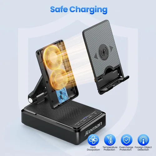 Miniatura 5 de Jteman Soporte para teléfono celular con altavoz Bluetooth y cargador inalámbrico, soporte de estación de carga de escritorio con altavoz