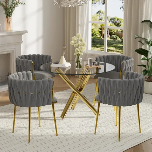 Miniatura 17 de Juego de mesa redonda dorada para 4, juego de mesa de comedor de 39'' con tapa de vidrio transparente, juego de mesa de cocina circular moderna de 5