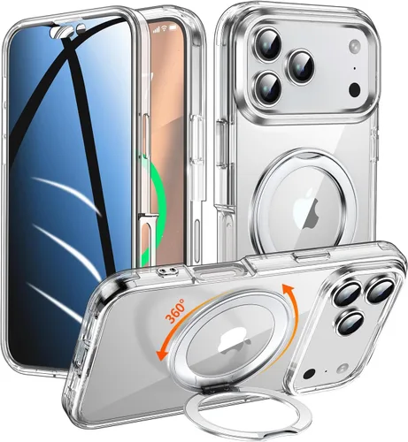Funda de privacidad para iPhone 17 Pro con soporte 360° [protector de pantalla antimiradas incorporado] [anillo magnético] Funda protectora de