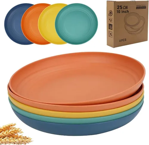K Y KANGYUN Platos de Cena de Paja de Trigo Irrompibles de 10 Pulgadas, Juego de 4 - Aptos para Lavavajillas, Perfectos para Acampar y Platos de