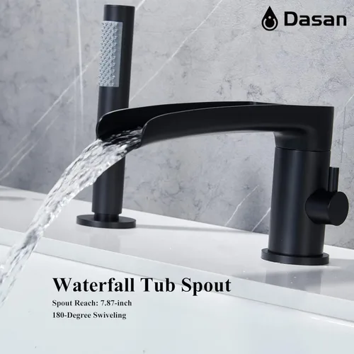 Miniatura 5 de DASAN DA-TF09WH-BK - Juego de grifo de bañera romano con rociador de ducha de mano de 3 agujeros, juego de grifo de bañera romana de cascada negro