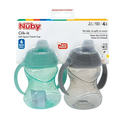Miniatura 6 de Nuby Clik-It - Vaso para beber de entrenamiento sin derrames con asas, paquete de 2, 10 onzas, más de 4 meses, color aguamarina/rojo/naranja