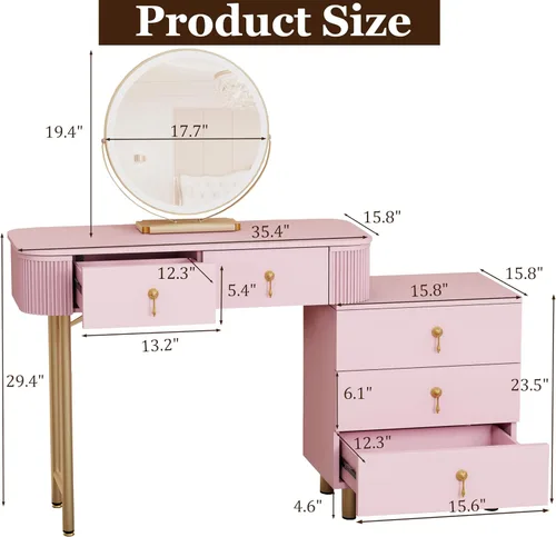 Miniatura 2 de Royal Windsor Escritorio de maquillaje con espejo y luces, mesa de tocador moderna con 5 cajones, escritorio de maquillaje con 3 modos de Rosa