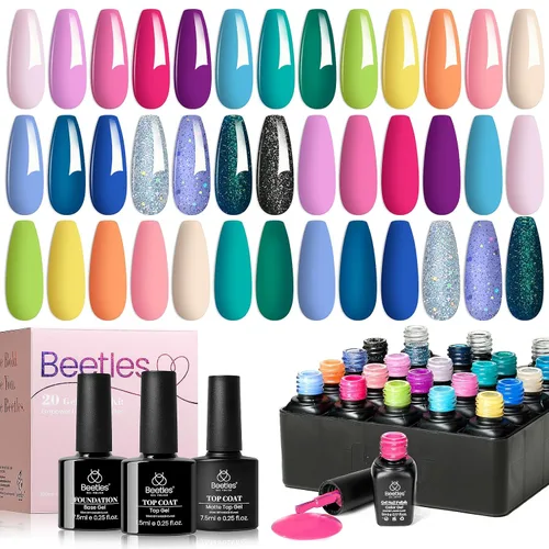 beetles colección “Fantasyland” - Esmaltes en gel permanentes, de 20 colores, pastel, rosa brillante, morado, azul marino, verde y con brillantina,