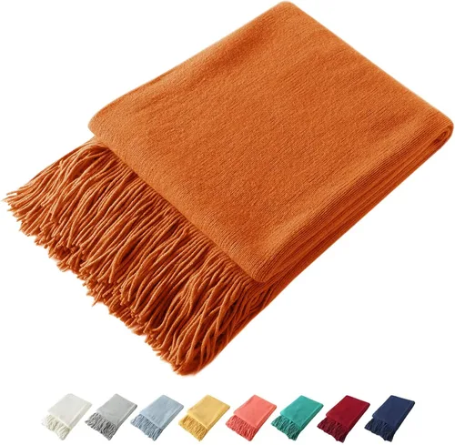 Homiest - Manta decorativa de punto con flecos, manta ligera y suave tejida de acrílico con borlas para sofá, sillón, cama (naranja oscuro, 50 x 60
