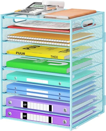 Miniatura 7 de Cawukege Organizador de papel de 9 niveles con asa, organizador de escritorio de gran capacidad, carpeta de archivos de malla, bandeja de papel