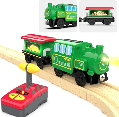 Miniatura 5 de Accesorios de pista de tren de madera, tren de locomotora a batería, tren de control remoto para niños pequeños, potentes vehículos de tren de motor