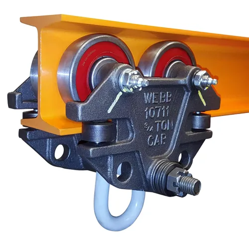 Carro de vigas con rodillos guía laterales. Capacidad de 3/4 toneladas y 1,500 libras. Carro transportador de grado industrial para vigas en I y