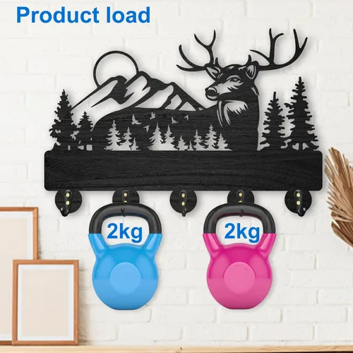 Miniatura 9 de MAYJOYDIY Perchero de pared de madera con 5 ganchos, diseño de ciervo de bosque negro, soporte para llaves y organizador para entrada, pasillo, sala