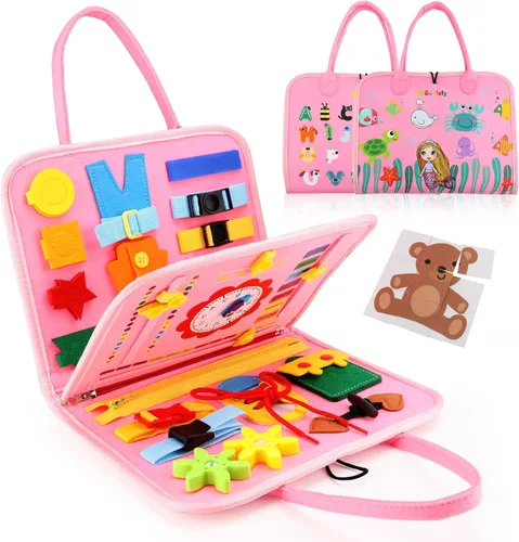 Guolely Busy Board Montessori - Juguete para niños de 3 a 6 años, tablero sensorial de desarrollo de actividades educativas para vestido básico, Rosa