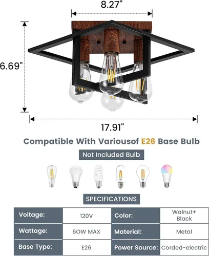 Miniatura 6 de Lámpara de techo semiempotrada, lámpara de techo industrial de 4 luces con marco negro y detalle de grano de madera, iluminación de granja cerca