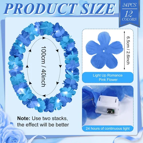 Miniatura 62 de Sherr 24 piezas de collares de flores de leis hawaianas con luces LED para boda, luces LED para leis hawaianas, collares de flores de leis hawaianas