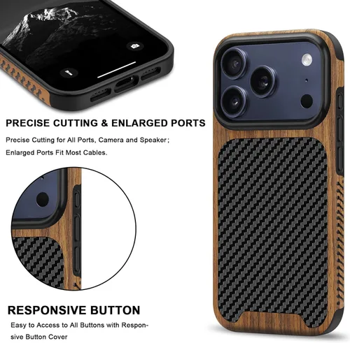 Miniatura 5 de TENDLIN Compatible con iPhone 17 Pro Max Funda de madera con textura de fibra de carbono Diseño de cuero híbrido delgado (negro)