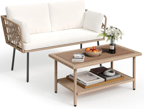 Miniatura 7 de YITAHOME Juego de muebles de patio de 2 piezas, sofá biplaza de mimbre para todo tipo de clima con cojines gruesos y mesa de ratán, juego
