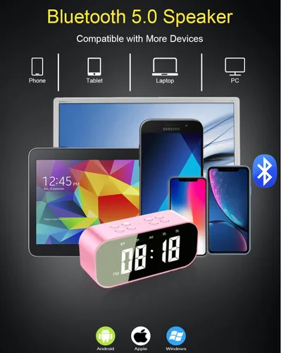 Miniatura 4 de AFK Reloj despertador con altavoz Bluetooth para dormitorio, pequeño reloj digital con doble alarma, repetición, pantalla LED de espejo para niñas
