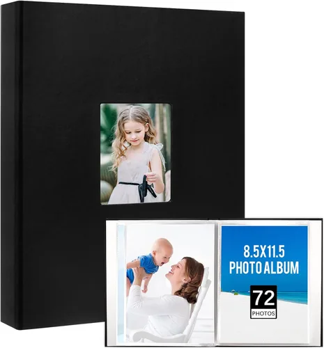 Álbum de fotos de 8.5 x 11 pulgadas con capacidad para 72 fotos, cubierta de cuero con ventana frontal, páginas interiores transparentes de 8.5 x 11