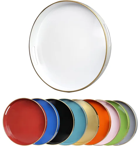 Miniatura 14 de Bandeja decorativa redonda azul con asas, bandeja de servir elegante de 13" para mesa de café, estilo otomano para sala de estar, baño, exteriores