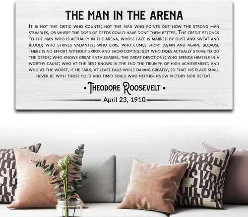 Tailored Canvases Theodore Roosevelt - Cartel de The Man In The Arena, lienzo grande para decoración de pared, póster motivacional e inspirador para