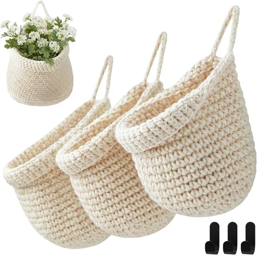 Miniatura 15 de Honeydak Cestas colgantes de pared bohemias para cocina, paquete de 3 cestas de lágrima con ganchos, almacenamiento de frutas, cebollas, verduras