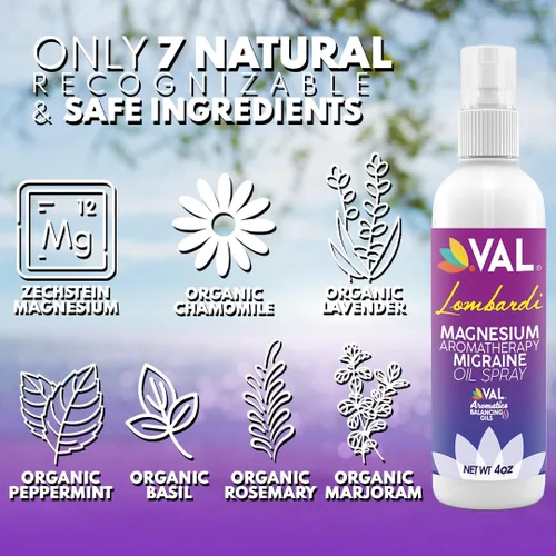 Miniatura 7 de VAL Lombardi - Spray de aromaterapia de magnesio, aceite para aliviar la migraña y el dolor de cabeza con magnesio Zechstein, lavanda, menta