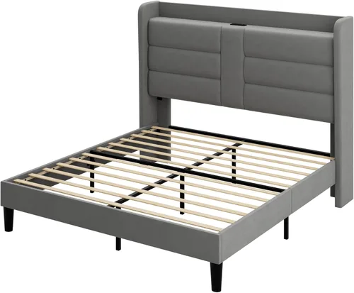 Miniatura 10 de Allewie Base de cama de plataforma tamaño Queen con estación de carga y cabecera de almacenamiento, diseño tapizado de terciopelo con respaldo y Gris