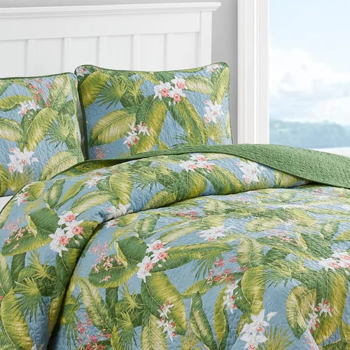 Miniatura 5 de Tommy Bahama Juego de edredón reversible de algodón con fundas a juego, decoración ligera del hogar para todas las estaciones, Queen, verde/azul