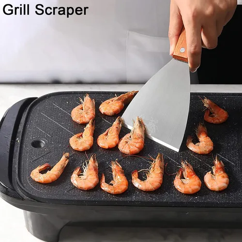 Miniatura 6 de Rascadores de parrilla de acero inoxidable prémium con borde inclinado, mango de madera para cocinar barbacoas, paquete de 2