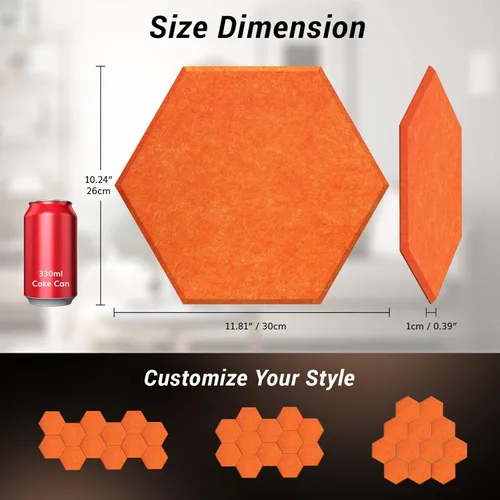 Miniatura 5 de Paneles acústicos hexagonales autoadhesivos, paquete de 12, TONOR, paneles de 30.5x25.4x1 cm de alta densidad con aislamiento de sonido para Naranja