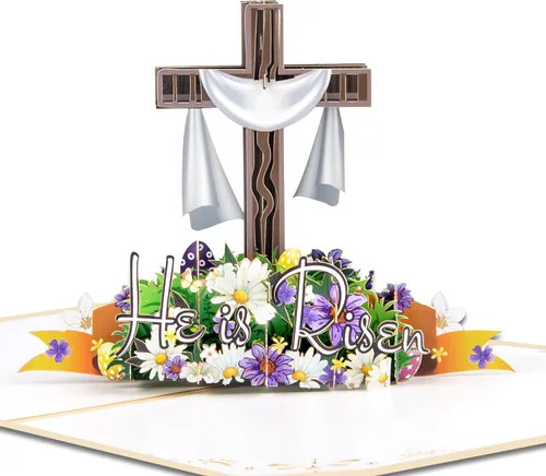 Miniatura 9 de GREETING ART Tarjeta desplegable de Pascua, diseño de ramo de conejo de cruz de lirio colorido 3D, tarjetas de felicitación de ramo de Pascua 3D