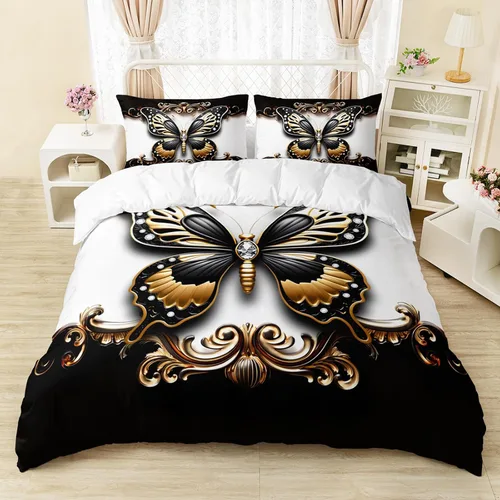 Miniatura 9 de AILONEN Juego de ropa de cama de mariposas en blanco y negro tamaño King, juego de funda de edredón con estampado de estilo en relieve de lujo