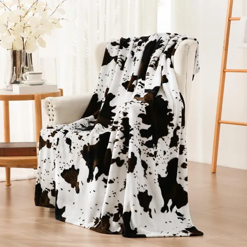 Vessia Manta de Tiro de Vaca Negra y Marrón para Sofá, Cama, Sofá, Manta Suave y Acogedora para Todas las Estaciones, Ligera y Cómoda de Franela de
