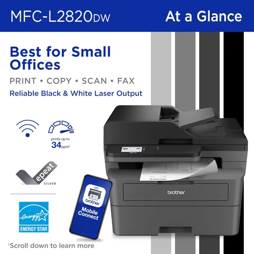 Miniatura 2 de Impresora láser monocromática compacta inalámbrica Brother MFC-L2820DW todo en uno con copia, escaneo y fax, impresión a doble cara, blanco y negro