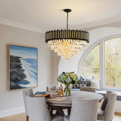 Miniatura 2 de Candelabro moderno de cristal negro y dorado de 15 luces para comedor, sala de estar, redondo, 6 niveles, contemporáneo, colgante de techo, lámpara