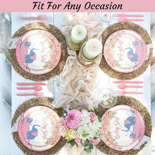 Miniatura 5 de 201 piezas de decoración de baby shower de elefante rosa para niña, suministros florales para fiesta de cumpleaños, mantel, platos de papel