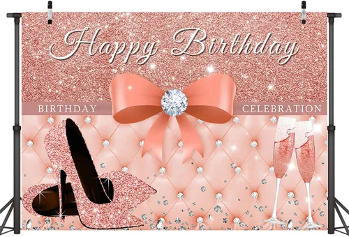 Miniatura 2 de Sensfun Cartel de fondo de feliz cumpleaños de oro rosa para mujer, decoraciones de fiesta de cumpleaños con purpurina, tacones rosados con lazo
