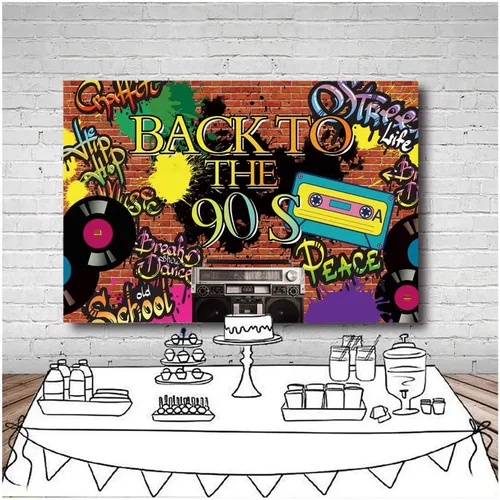 Miniatura 5 de Fondo de fotografía de fiesta temática de los años 90 Hip Hop 90th Graffiti pared de ladrillo Fondo de fotos de vinilo de 5x3 pies Retro Radio Prom