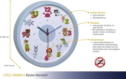 Miniatura 6 de TFA Dostmann Kids - Reloj de pared para niños, 60.3051.14, con motivos de animales, profesor de tiempo, sin tictac de cuarzo Azul claro