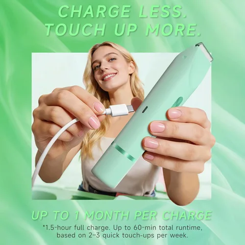 Miniatura 7 de Recortadora de bikini para mujer, afeitadora eléctrica de doble extremo para línea de bikini y vello púbico, impermeable, recargable, USB-C, Verde