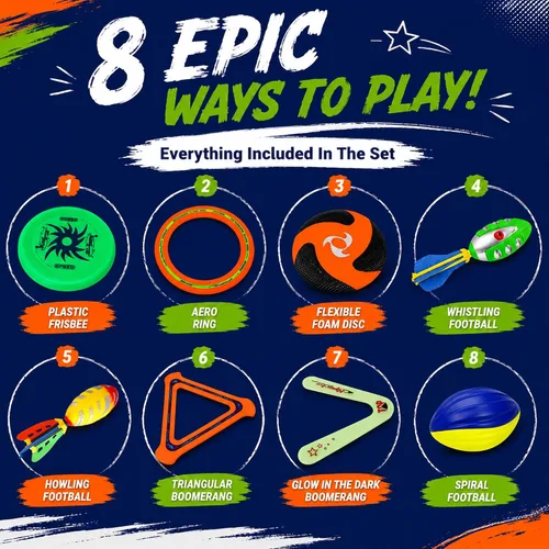 Miniatura 4 de Juego combinado deportivo 8 en 1 – Los mejores juegos familiares al aire libre para patio trasero con fútbol de espuma, discos voladores, anillos
