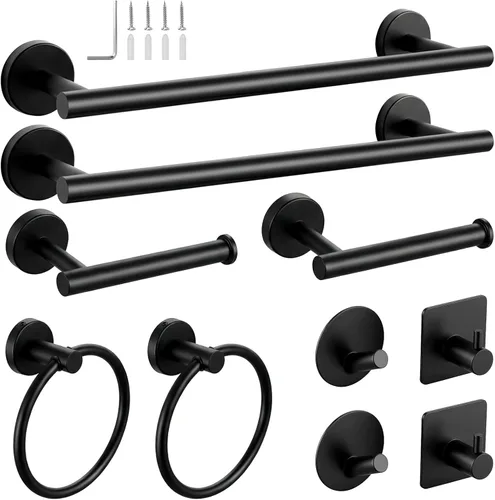 Miniatura 8 de Juego de 10 accesorios de baño negro mate, juego de toallas de baño ajustables de 14.5-24 pulgadas, juego de accesorios de baño de acero inoxidable