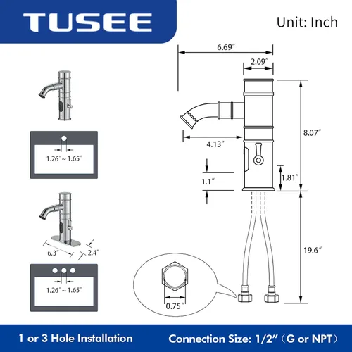 Miniatura 5 de Grifo de baño sin contacto con caño giratorio y opción manual, grifo de lavabo de baño con control de temperatura y control de flujo, cromo, TS-5501C